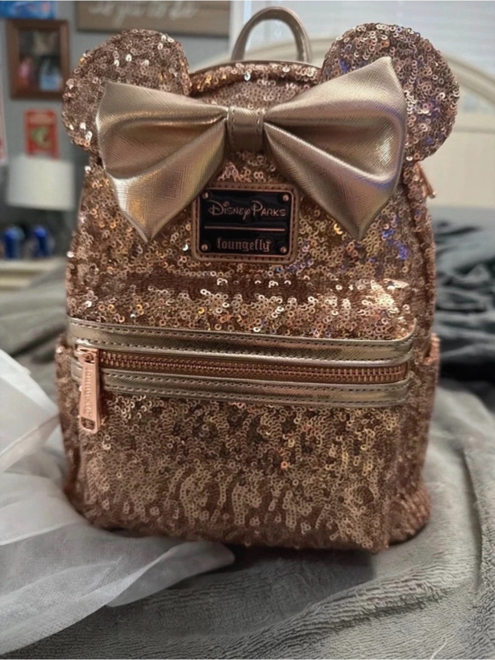 Loungefly Rose Gold Sequin Mini Backpack with Metallic Bow